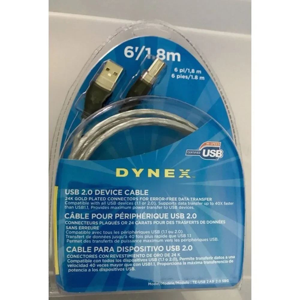 Dynex 6/1.8m USB 2.0 Device Cable Male To Male High Speed Connector